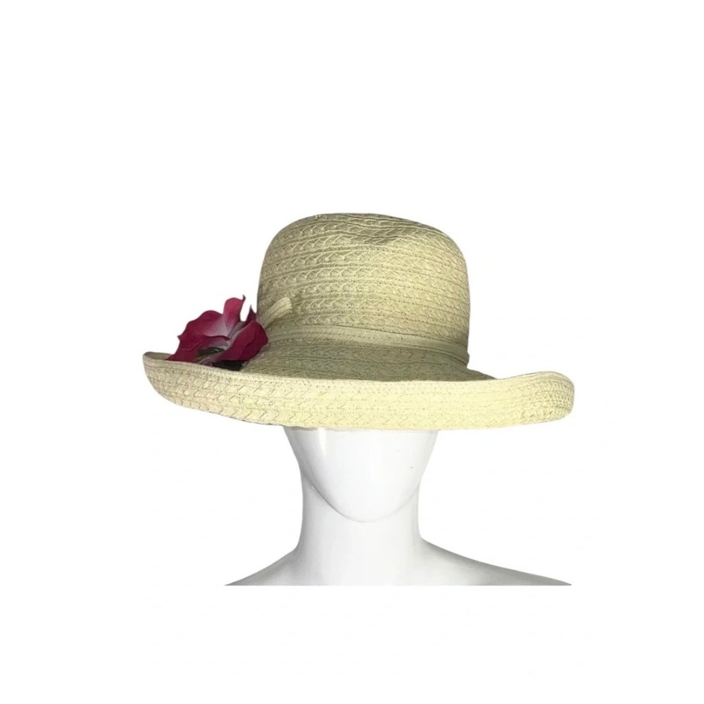 Crazy Horse Liz Claiborne Beige Straw Sun Hat Pink Hibiscus Flower Wide Brim